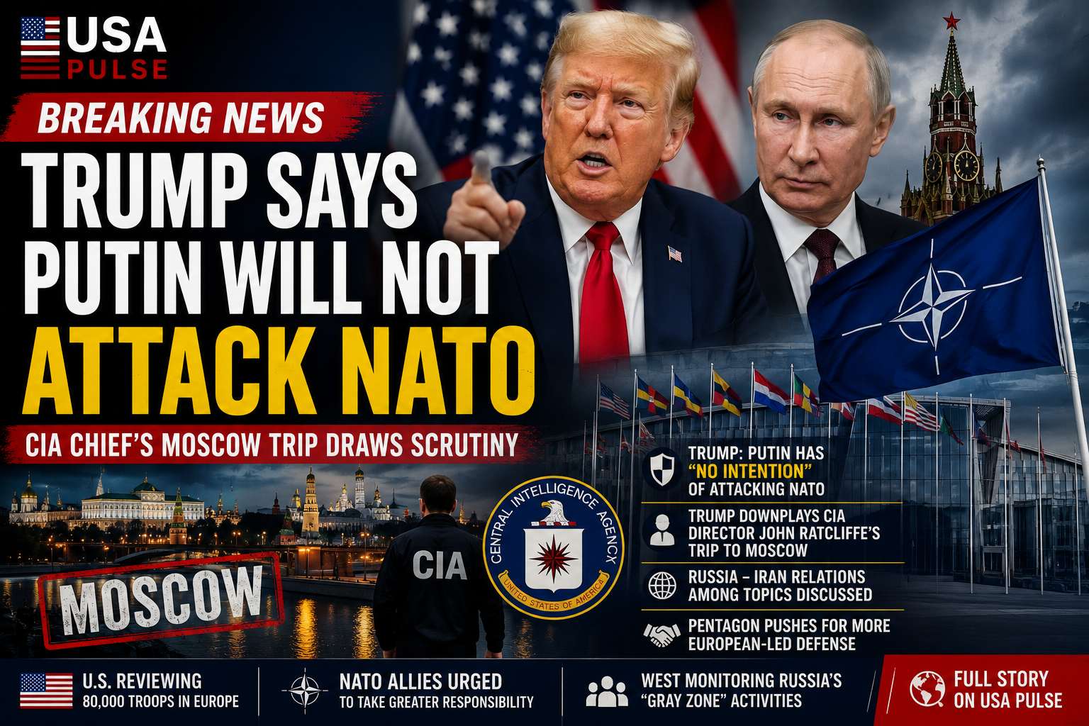 Trump Says Putin Will Not Attack NATO Territory as CIA Chief’s Moscow Trip Draws Scrutiny