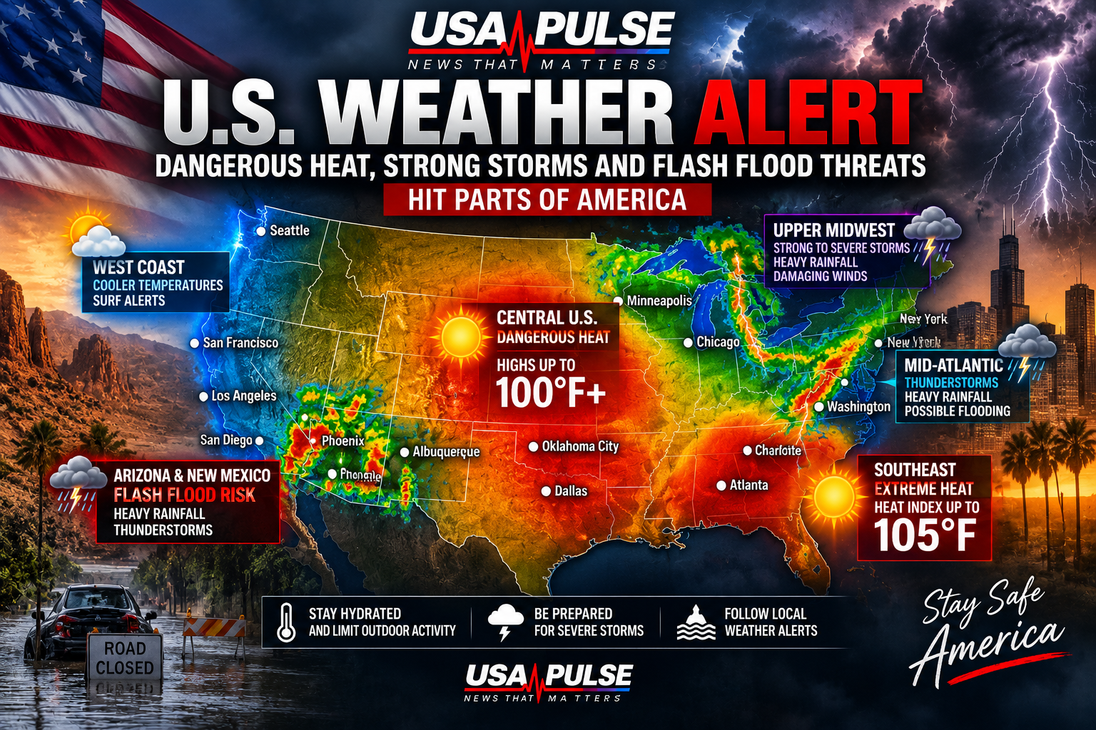 🇺🇸 U.S. WEATHER ALERT: Dangerous Heat, Strong Storms and Flash Flood Threats Hit Parts of America
